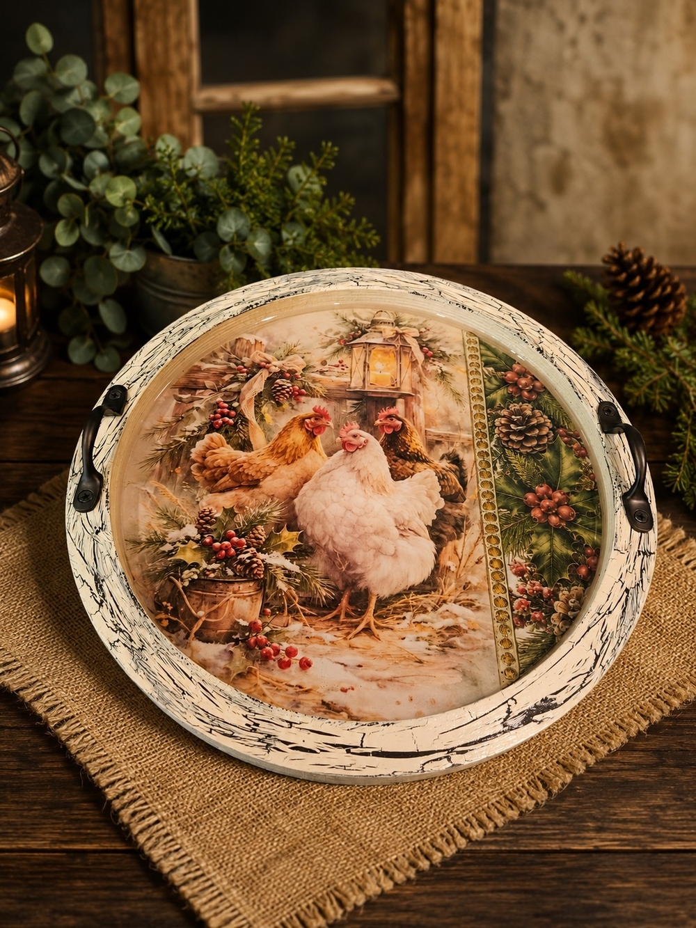 Decorative Rustic Chicken Serving Tray - White & Brown Farmhouse